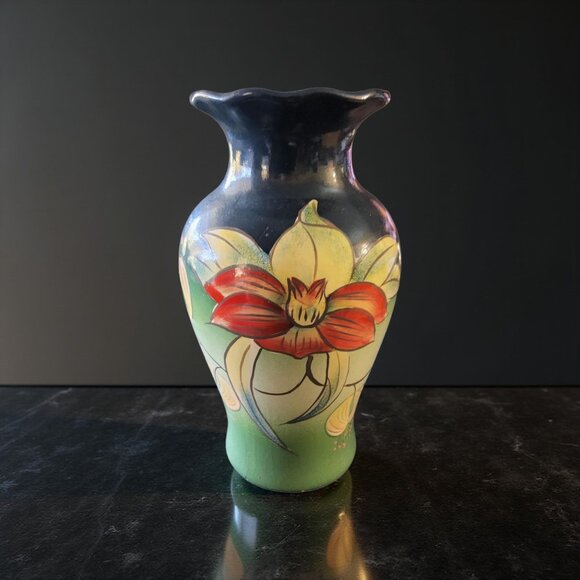 Vintage Hand - Painted Orchid Floral Clay Art Nouveau Vase - Picture 2 of 9